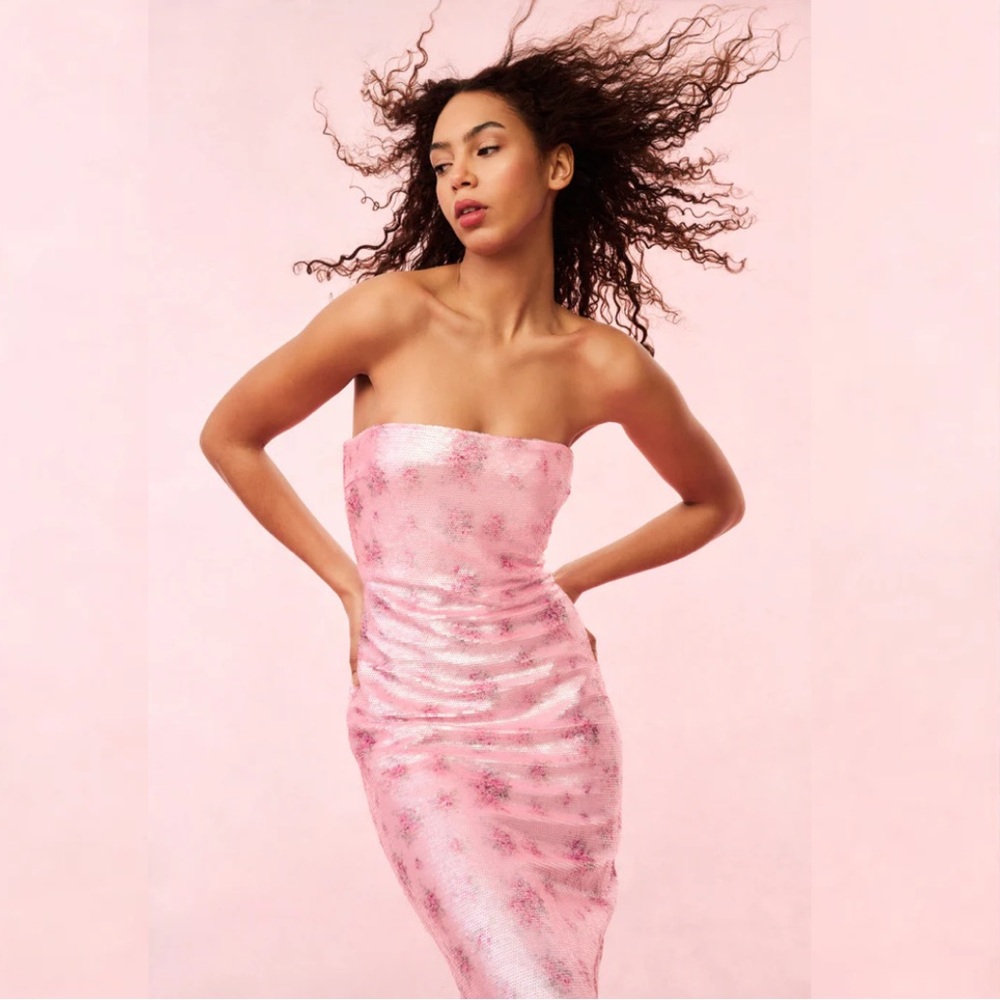 LoveShackFancy Stacia Flacenco Pink Floral Sequin Dress Size 10 Coquette Glam S